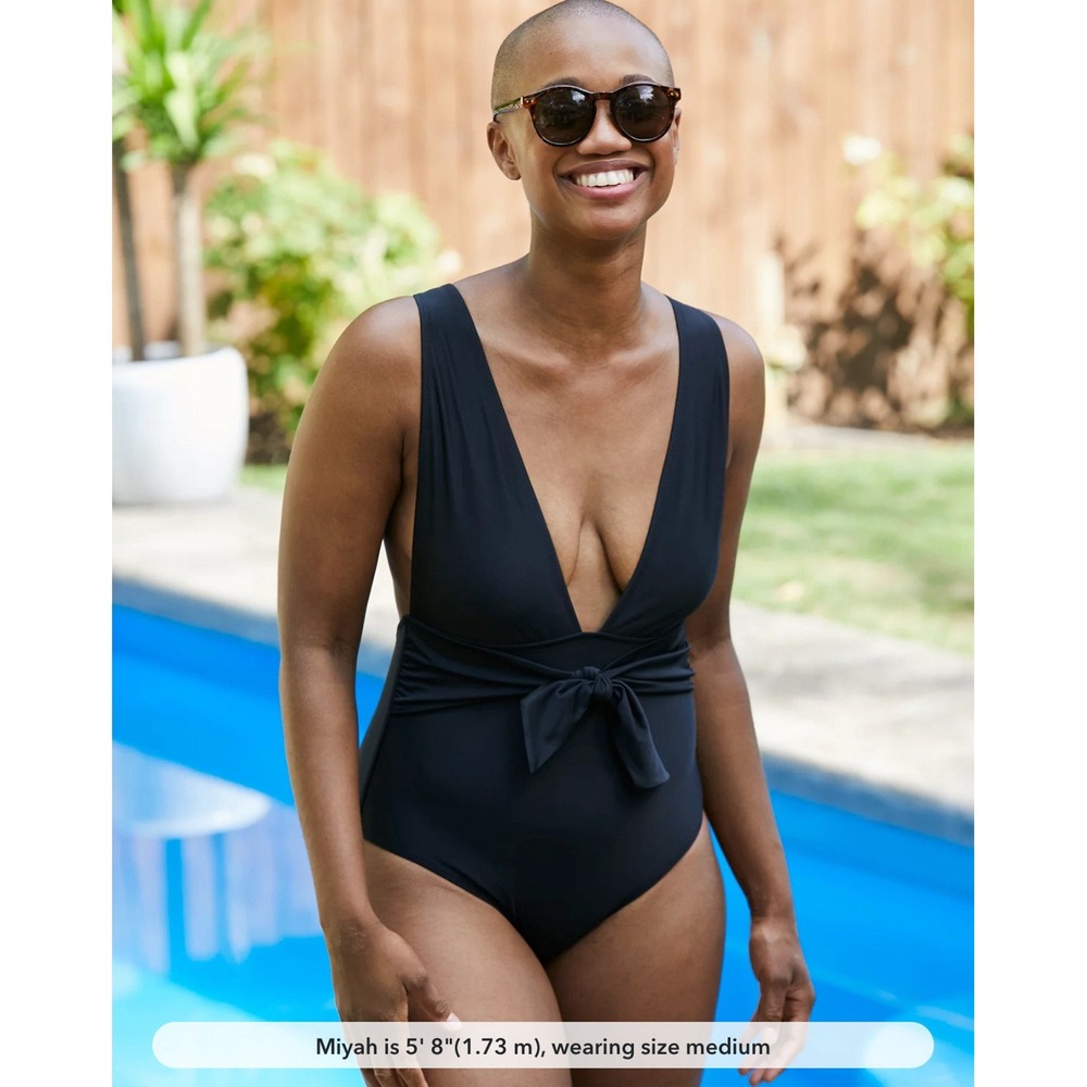 Aerie Womens Black Plunge Front Tie‎ One Piece Swimsuit Full Coverage XL NWT